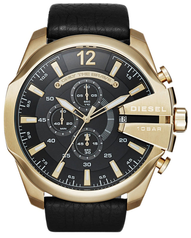 Diesel Mega Chief Chronograph Black Dial Black Leather Strap Watch For Men - DZ4344