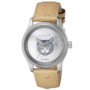Gucci G Timeless Automatic Mother of Pearl Dial Brown Leather Strap Watch For Women - YA1264112