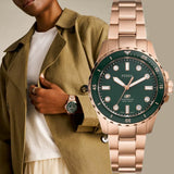 Fossil Blue Dive Three Hand Green Dial Rose Gold Steel Strap Watch For Women - ES5371
