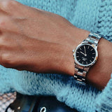 Daniel Wellington Iconic Link Black Dial Silver Steel Strap Watch For Women - DW00100208