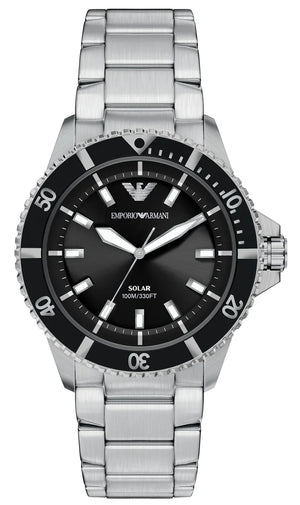 Emporio Armani World Explorer Solar Black Dial Silver Steel Strap Watch for Men - AR11787