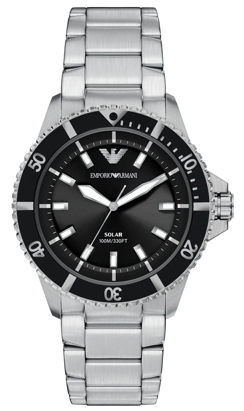 Emporio Armani World Explorer Solar Black Dial Silver Steel Strap Watch for Men - AR11787