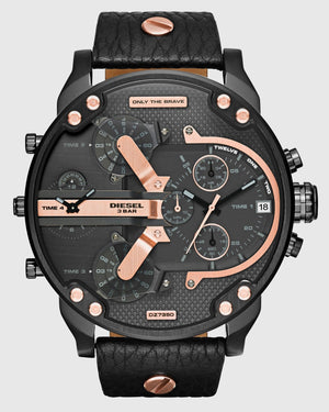 Diesel Mr Daddy 2.0 Chronograph Black Dial Black Leather Strap Watch For Men - DZ7350