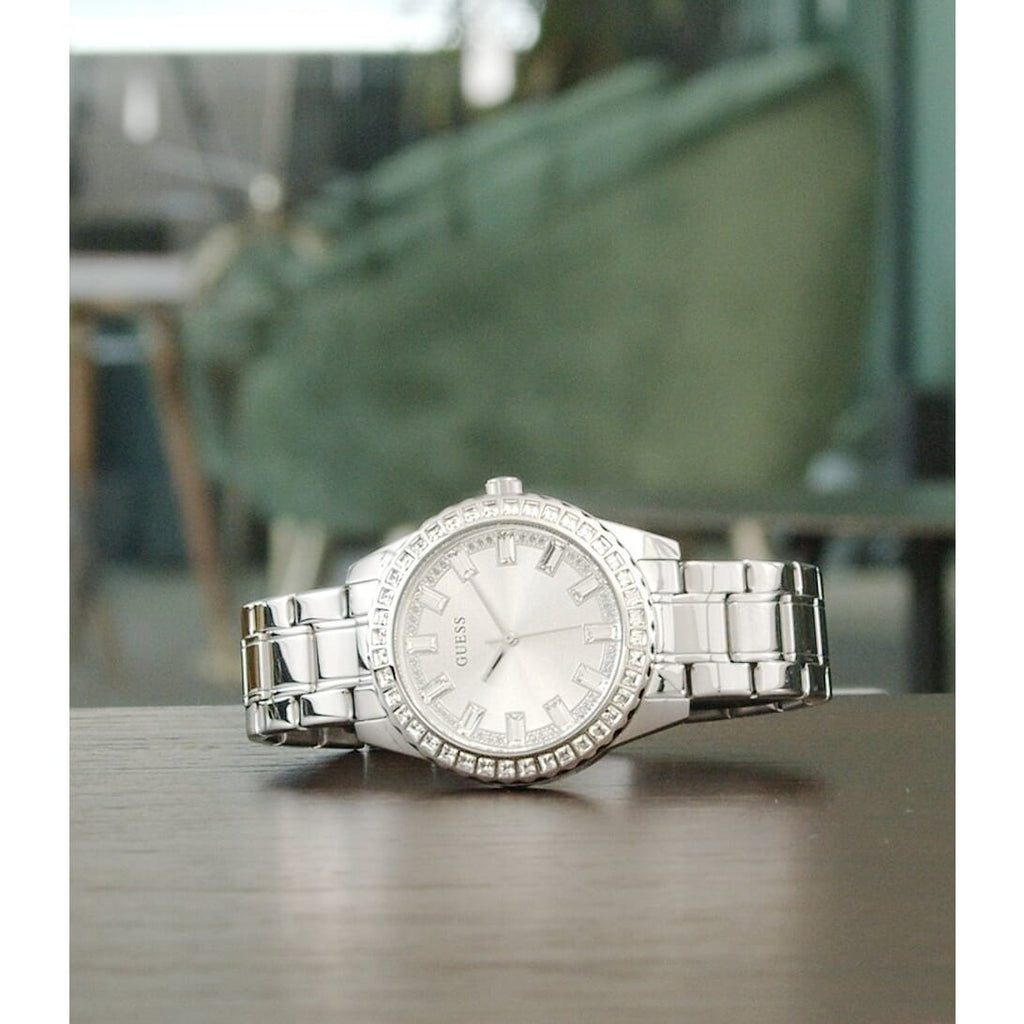 Guess Sparkler Diamonds Silver Dial Silver Steel Strap Watch for Women - GW0111L1