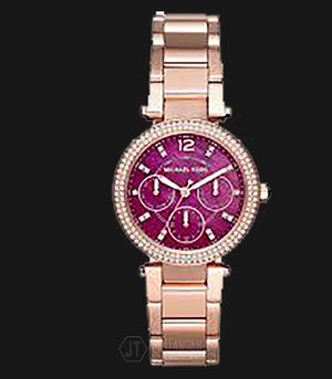 Michael Kors Mini Parker Multi-Function Plum Mother of Pearl Dial Rose Gold Steel Strap Watch For Women - MK6403