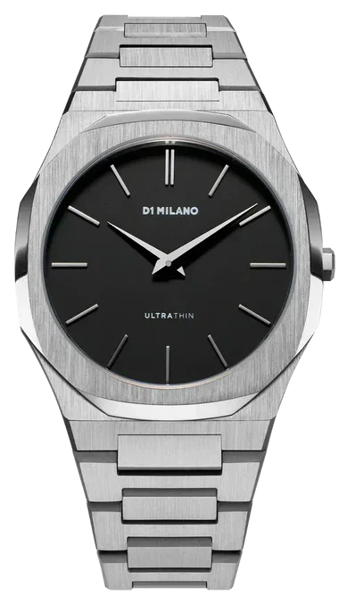 D1 Milano Ultra Thin Matte Black Dial Silver Steel Strap Watch for Men - D1-UTBJ40