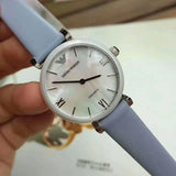 Emporio Armani Gianni T-Bar Mother Of Pearl White Dial Grey Leather Strap Watch For Women - AR11039