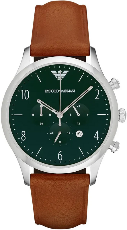 Emporio Armani Beta Chronograph Green Dial Brown Leather Strap Watch for Men - AR1941