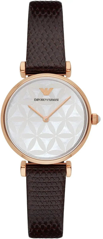 Emporio Armani Gianni T-Bar Silver Dial Brown Leather Strap Watch for Women - AR1990