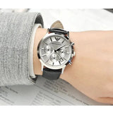 Emporio Armani Renato Chronograph Silver Dial Black Leather Strap Watch for Men - AR2436
