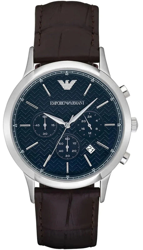 Emporio Armani Renato Chronograph Blue Dial Black Leather Strap Watch for Men  - AR2494