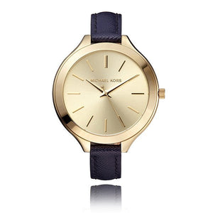 Michael Kors Runway Quartz Gold Dial Blue Leather Strap Watch For Women - MK2285