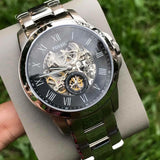 Fossil Grant Skeleton Black Dial Silver Steel Strap Watch for Men - ME3055