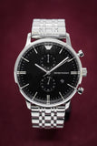 Emporio Armani Chronograph Black Dial Silver Steel Strap Watch For Men - AR0389
