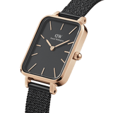 Daniel Wellington Quadro Pressed Ashfield Black Dial Black Mesh Strap Watch for Women - DW00100467