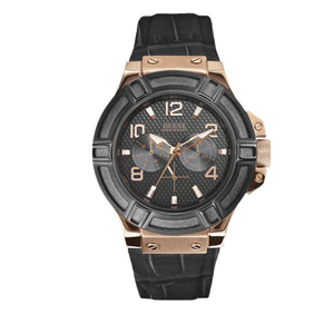 Guess Rigor Analog Black Dial Black Leather Strap Watch For Men - W0040G5
