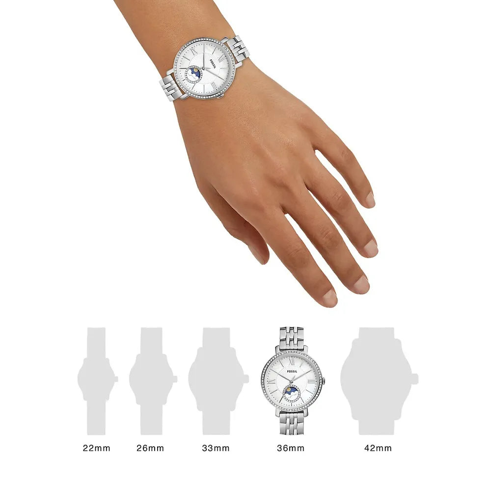 Fossil Jacqueline Multifunction Moonphase White Dial Silver Steel Strap Watch for Women - ES5164