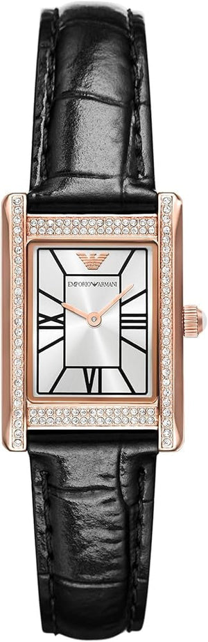 Emporio Armani Genni Silver Dial Black Leather Strap Watch for Women - AR11624