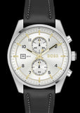Hugo Boss Skytraveller Chronograph Silver Dial Black Leather Strap Watch for Men - 1514147