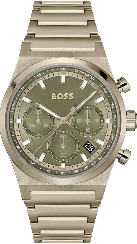 Hugo Boss Candor Chronograph Green Dial Brown Steel Strap Watch for Men - 1514222
