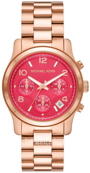 Michael Kors Runway Chronograph Pink Dial Rose Gold Steel Strap Watch For Women - MK7352