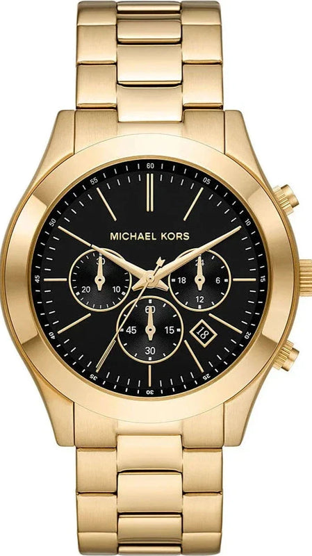 Michael Kors Slim Runway Chronograph Black Dial Gold Steel Strap Watch For Men - MK1076