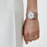 Michael Kors Layton Three Hand Mother of Pearl White Dial Two Tone Steel Strap Watch For Women - MK6849