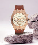 Guess Analog Multifunction White Dial Brown Leather Strap Watch for Men - GW0262G3