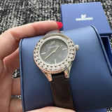 Swarovski Lovely Crystals Mother of Pearl Black Dial Black Leather Strap Watch for Women - 5242898