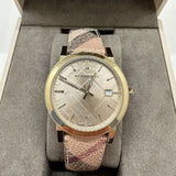 Burberry The City Gold Dial Haymarket Brown Leather Strap Watch for Women - BU9026