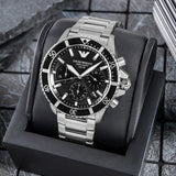 Emporio Armani World Explorer Black Dial Silver Steel Strap Watch for Men - AR11739