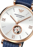 Emporio Armani Gianni T-Bar Analog Silver Dial Blue Leather Strap Watch For Women - AR60020