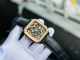Fossil Inscription Automatic Skeleton Rose Gold Dial Black Leather Strap Watch for Men - BQ2572